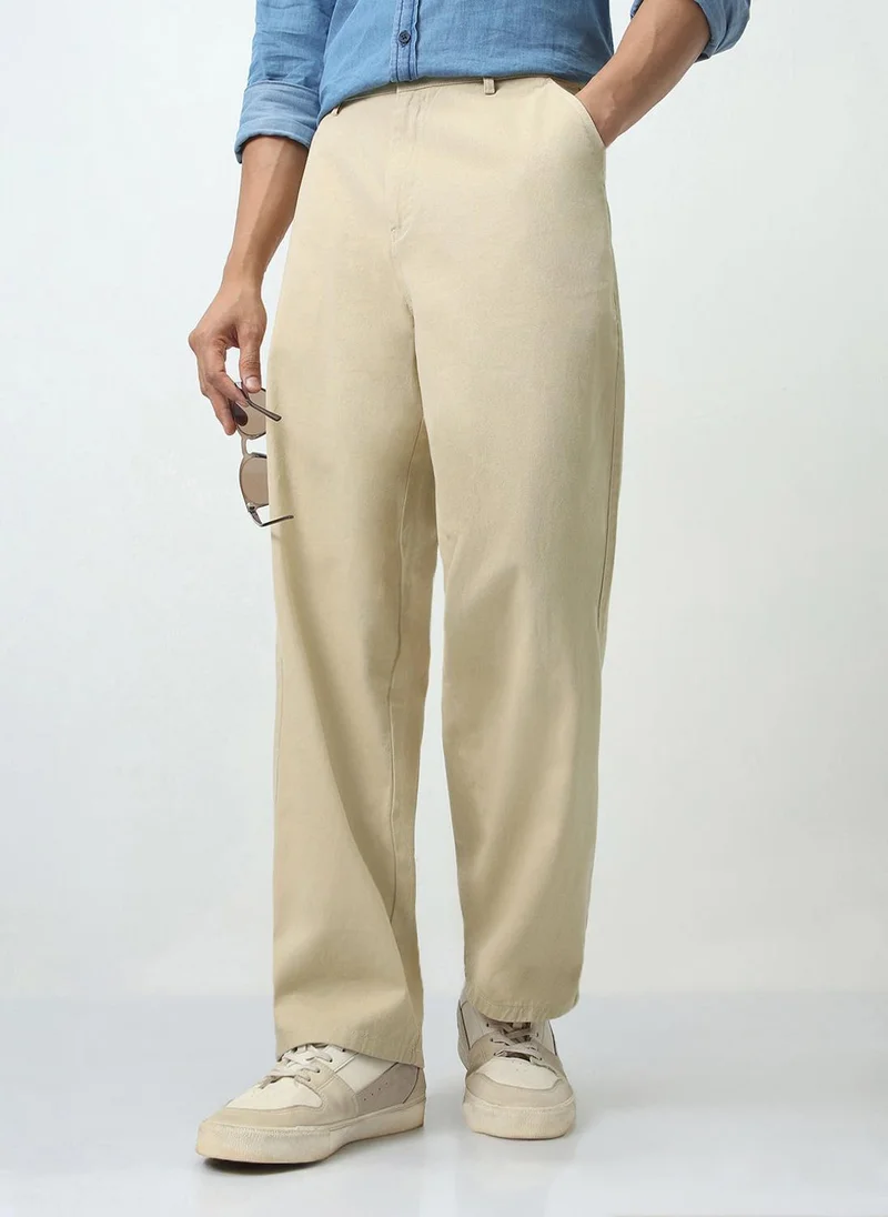 Urbano Fashion Men's Beige Loose Baggy Fit Solid Chino Trousers Non-Stretchable